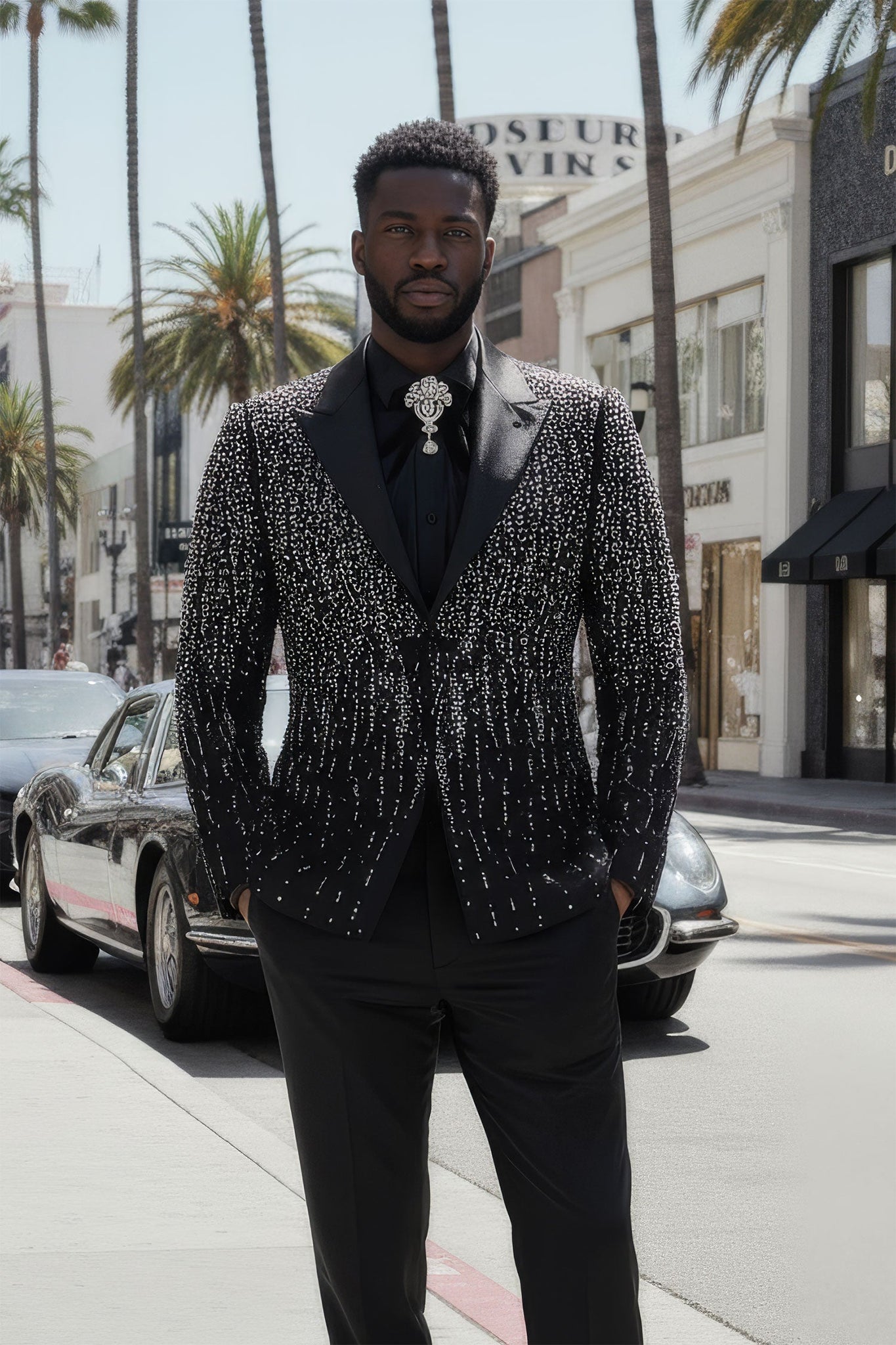 Barabas Wholesale Men's Rhinestones Beaded Design Peak Lapel Blazer 5EBL01 Black Silver