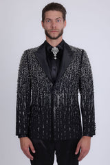Barabas Wholesale Men's Rhinestones Beaded Design Peak Lapel Blazer 5EBL01 Black Silver