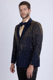 Barabas Wholesale Men's Rhinestones Beaded Design Peak Lapel Blazer 5EBL01 Navy Gold