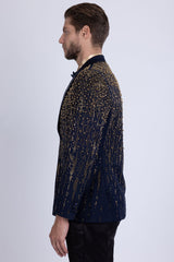 Barabas Wholesale Men's Rhinestones Beaded Design Peak Lapel Blazer 5EBL01 Navy Gold
