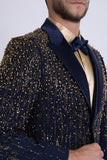 Barabas Wholesale Men's Rhinestones Beaded Design Peak Lapel Blazer 5EBL01 Navy Gold