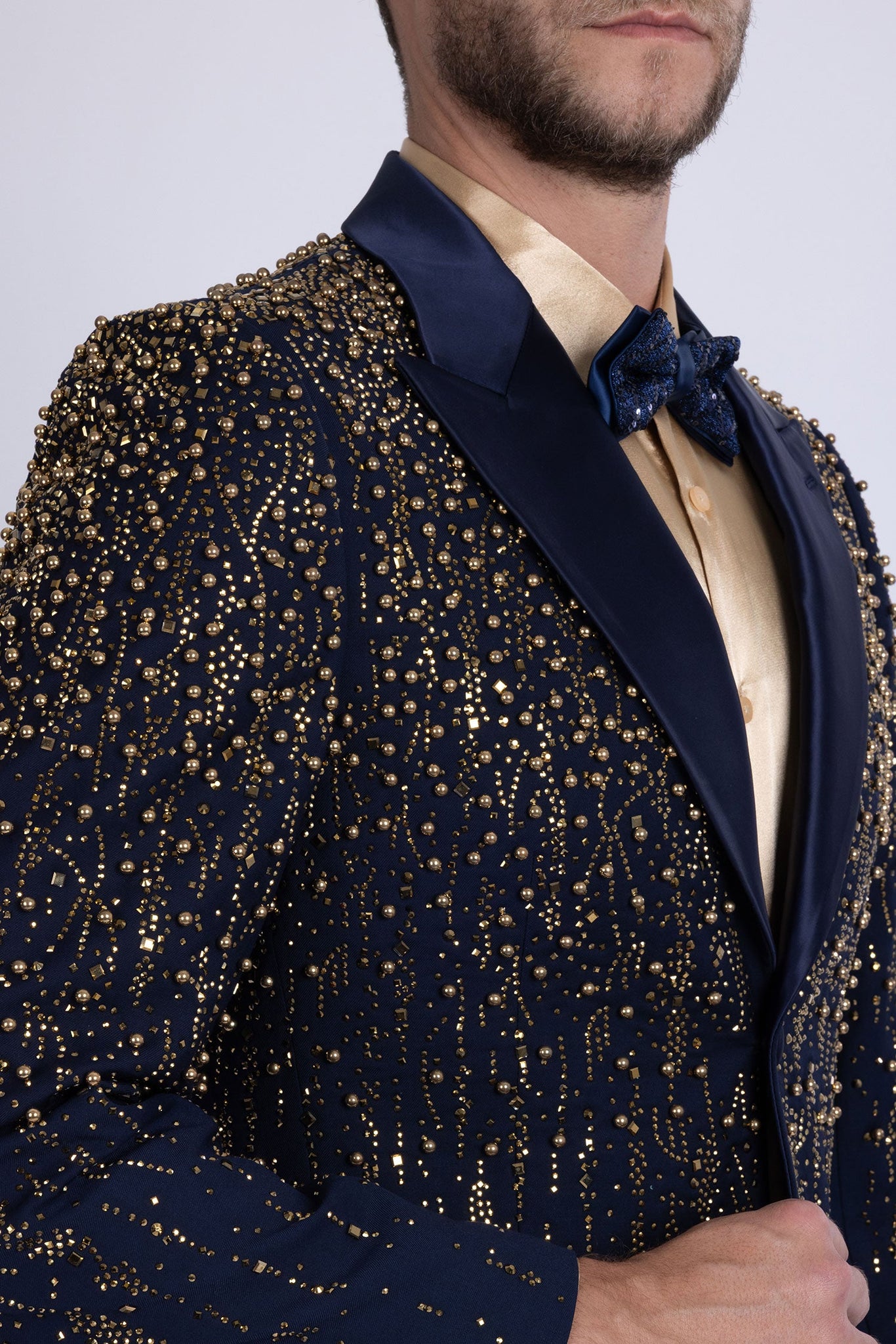 Barabas Wholesale Men's Rhinestones Beaded Design Peak Lapel Blazer 5EBL01 Navy Gold