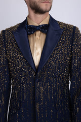 Barabas Wholesale Men's Rhinestones Beaded Design Peak Lapel Blazer 5EBL01 Navy Gold