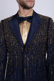 Barabas Wholesale Men's Rhinestones Beaded Design Peak Lapel Blazer 5EBL01 Navy Gold