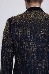 Barabas Wholesale Men's Rhinestones Beaded Design Peak Lapel Blazer 5EBL01 Navy Gold