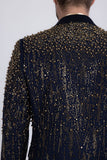 Barabas Wholesale Men's Rhinestones Beaded Design Peak Lapel Blazer 5EBL01 Navy Gold