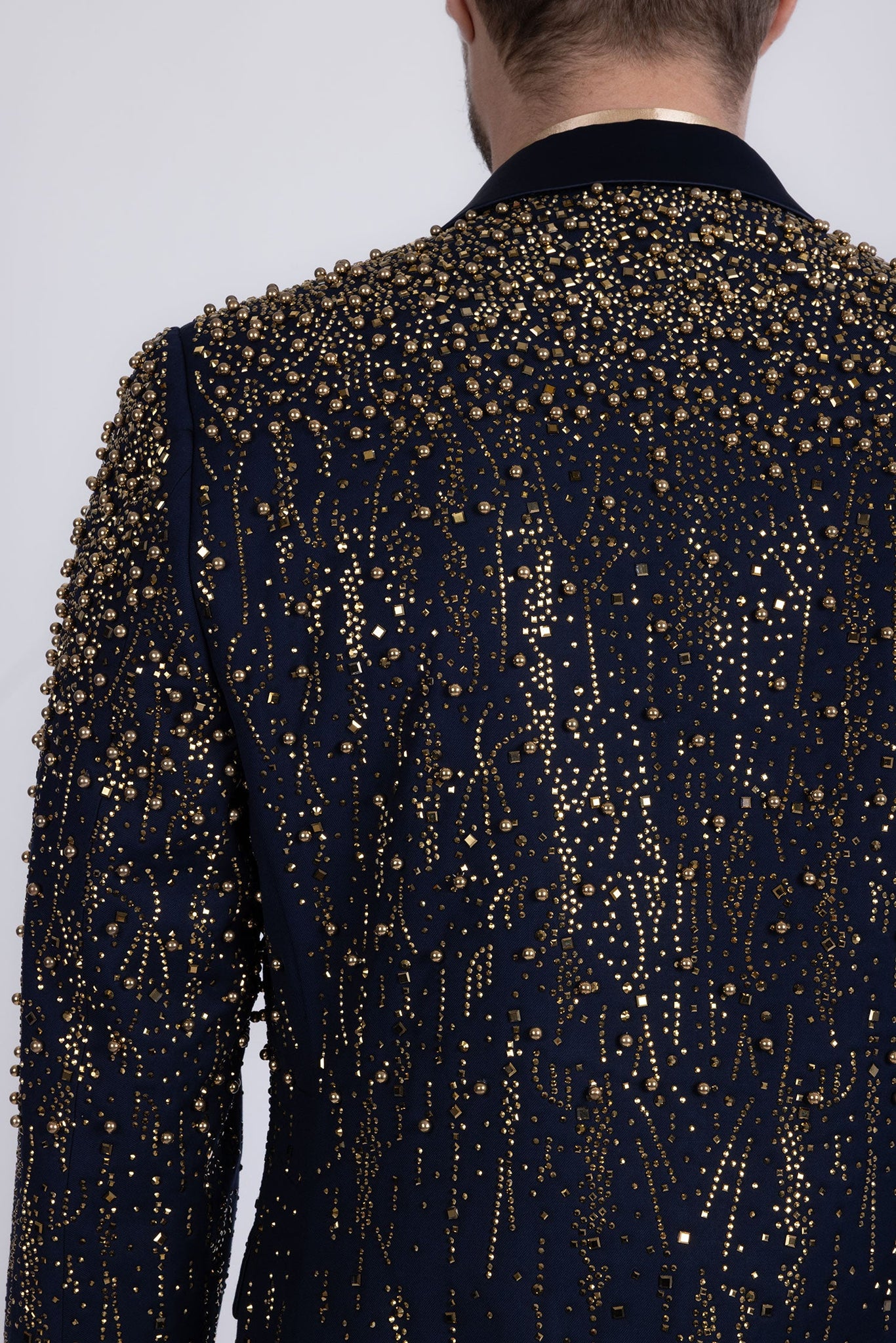 Barabas Wholesale Men's Rhinestones Beaded Design Peak Lapel Blazer 5EBL01 Navy Gold