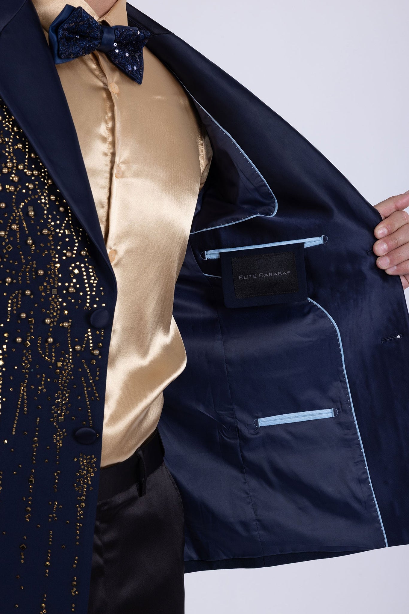 Barabas Wholesale Men's Rhinestones Beaded Design Peak Lapel Blazer 5EBL01 Navy Gold