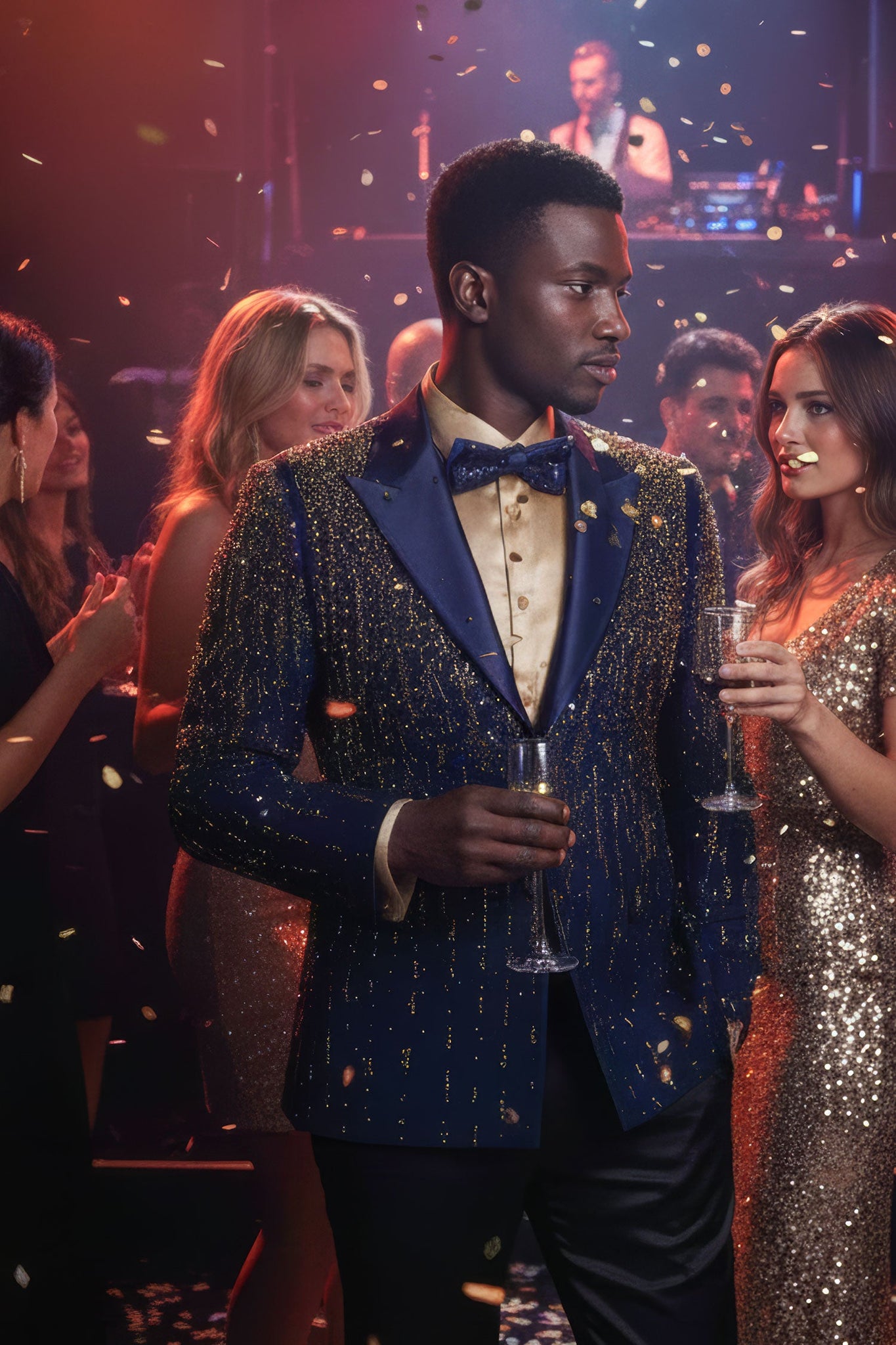 Barabas Wholesale Men's Rhinestones Beaded Design Peak Lapel Blazer 5EBL01 Navy Gold