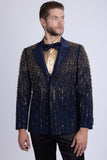 Barabas Wholesale Men's Rhinestones Beaded Design Peak Lapel Blazer 5EBL01 Navy Gold