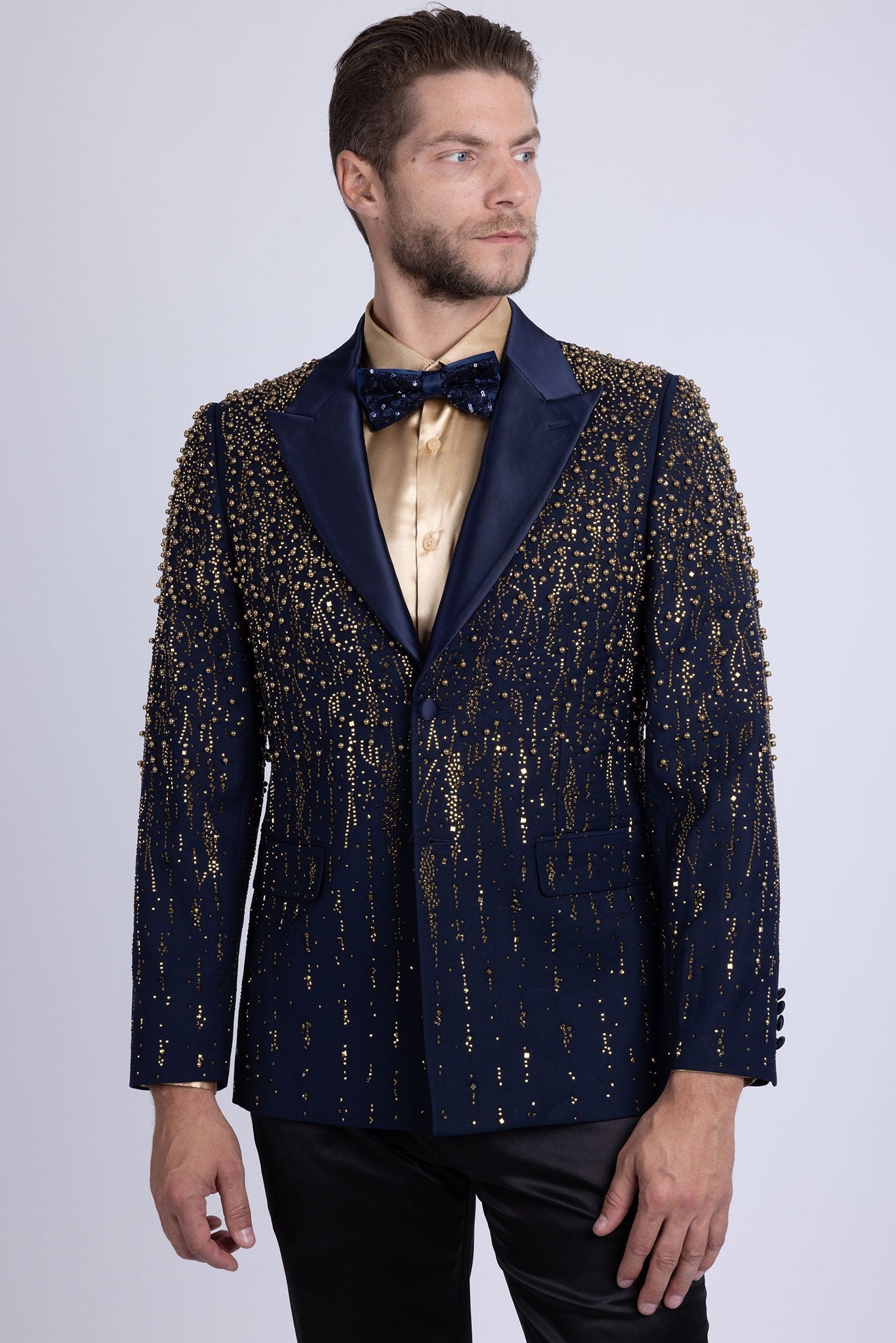 Barabas Wholesale Men's Rhinestones Beaded Design Peak Lapel Blazer 5EBL01 Navy Gold