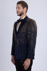 Barabas Wholesale Men's Rhinestones Beaded Design Peak Lapel Blazer 5EBL01 Navy Gold