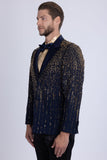 Barabas Wholesale Men's Rhinestones Beaded Design Peak Lapel Blazer 5EBL01 Navy Gold