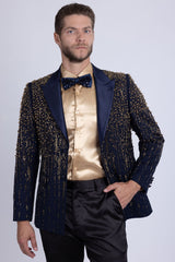 Barabas Wholesale Men's Rhinestones Beaded Design Peak Lapel Blazer 5EBL01 Navy Gold
