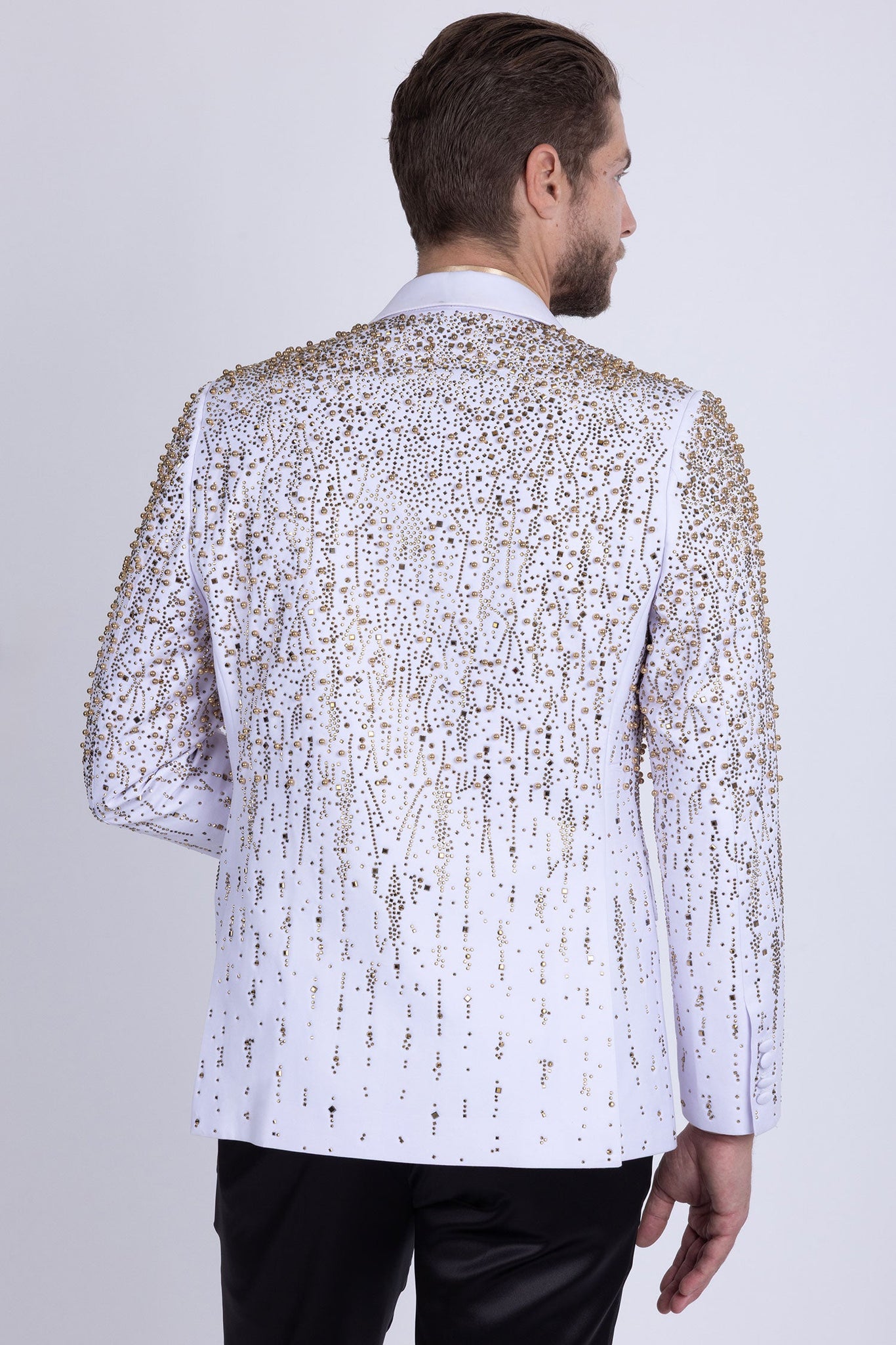 Barabas Wholesale Men's Rhinestones Beaded Design Peak Lapel Blazer 5EBL01 White Gold