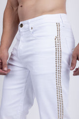 Barabas Wholesale Men's Studded Stretchable Denim Solid Color Jeans 5ED04 White Gold
