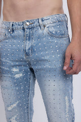 Barabas Wholesale Men's Rhinestone Denim Casual Washed Jeans 5JES01 Light Blue