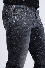 Barabas Wholesale Men's Rhinestone Ripped Denim Washed Stretch Jeans 5JES02 Black SIlver