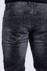 Barabas Men's Rhinestone Ripped Denim Washed Stretch Jeans 5JES02 Black Silver