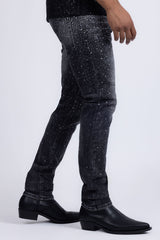 Barabas Men's Rhinestone Ripped Denim Washed Stretch Jeans 5JES02 Black