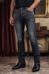 Barabas Wholesale Men's Rhinestone Ripped Denim Washed Stretch Jeans 5JES02 Black SIlver