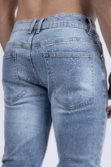 Barabas Wholesale Men's Rhinestone Ripped Denim Washed Stretch Jeans 5JES02 Light Blue