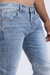 Barabas Wholesale Men's Rhinestone Ripped Denim Washed Stretch Jeans 5JES02 Light Blue