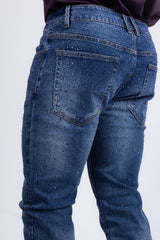 Barabas Men's Rhinestone Ripped Denim Washed Stretch Jeans 5JES02 Blue