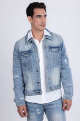 Barabas Wholesale Men's Rhinestone Denim Casual Ripped Luxury Jacket 5JVS01 Light Blue
