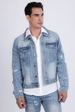Barabas Wholesale Men's Rhinestone Denim Casual Ripped Luxury Jacket 5JVS01 Light Blue