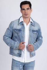 Barabas Wholesale Men's Rhinestone Denim Casual Ripped Luxury Jacket 5JVS01 Light Blue