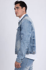 Barabas Wholesale Men's Rhinestone Denim Casual Ripped Luxury Jacket 5JVS01 Light Blue