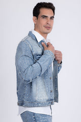 Barabas Wholesale Men's Rhinestone Denim Casual Ripped Luxury Jacket 5JVS01 Light Blue