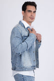 Barabas Wholesale Men's Rhinestone Denim Casual Ripped Luxury Jacket 5JVS01 Light Blue
