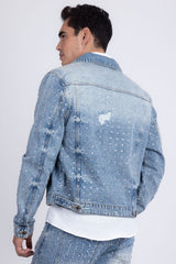 Barabas Wholesale Men's Rhinestone Denim Casual Ripped Luxury Jacket 5JVS01 Light Blue