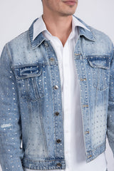 Barabas Wholesale Men's Rhinestone Denim Casual Ripped Luxury Jacket 5JVS01 Light Blue