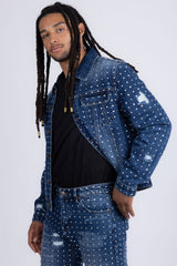 Barabas Wholesale Men's Rhinestone Denim Casual Ripped Luxury Jacket 5JVS01 Dark Blue