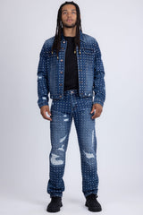 Barabas Wholesale Men's Rhinestone Denim Casual Ripped Luxury Jacket 5JVS01 Dark Blue