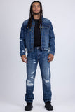 Barabas Men's Rhinestone Denim Casual Ripped Luxury Jacket 5JVS01 Dark Blue