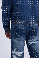 Barabas Wholesale Men's Rhinestone Denim Casual Ripped Luxury Jacket 5JVS01 Dark Blue