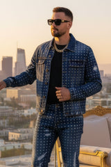 Barabas Wholesale Men's Rhinestone Denim Casual Ripped Luxury Jacket 5JVS01 Dark Blue