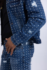 Barabas Wholesale Men's Rhinestone Denim Casual Ripped Luxury Jacket 5JVS01 Dark Blue