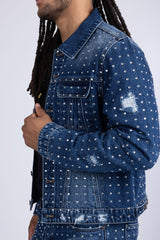 Barabas Wholesale Men's Rhinestone Denim Casual Ripped Luxury Jacket 5JVS01 Dark Blue