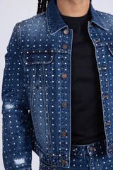 Barabas Wholesale Men's Rhinestone Denim Casual Ripped Luxury Jacket 5JVS01 Dark Blue
