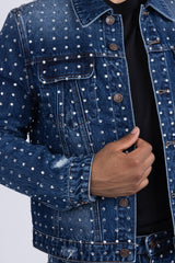 Barabas Men's Rhinestone Denim Casual Ripped Luxury Jacket 5JVS01 Dark Blue