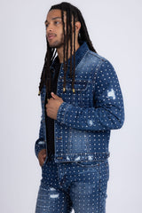 Barabas Wholesale Men's Rhinestone Denim Casual Ripped Luxury Jacket 5JVS01 Dark Blue