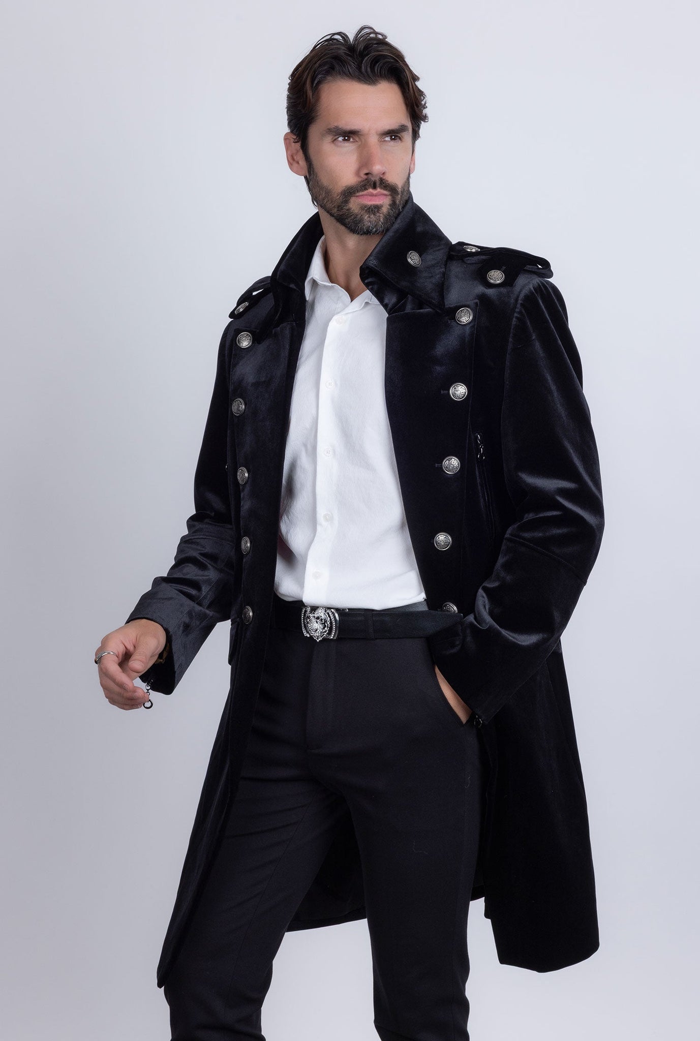 Barabas Wholesale Men's Solid Color Velvet Antique Buttons Long Blazer 5LBL01 Black