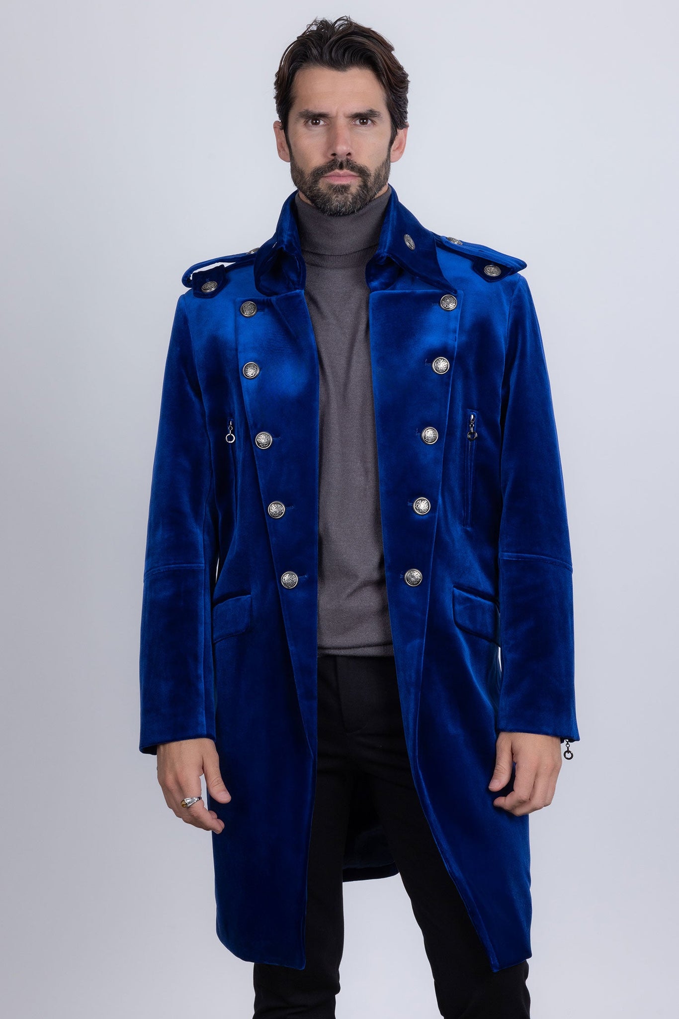 Barabas Wholesale Men's Solid Color Velvet Antique Buttons Long Blazer 5LBL01 Blue