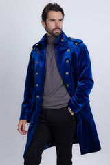 Barabas Wholesale Men's Solid Color Velvet Antique Buttons Long Blazer 5LBL01 Blue