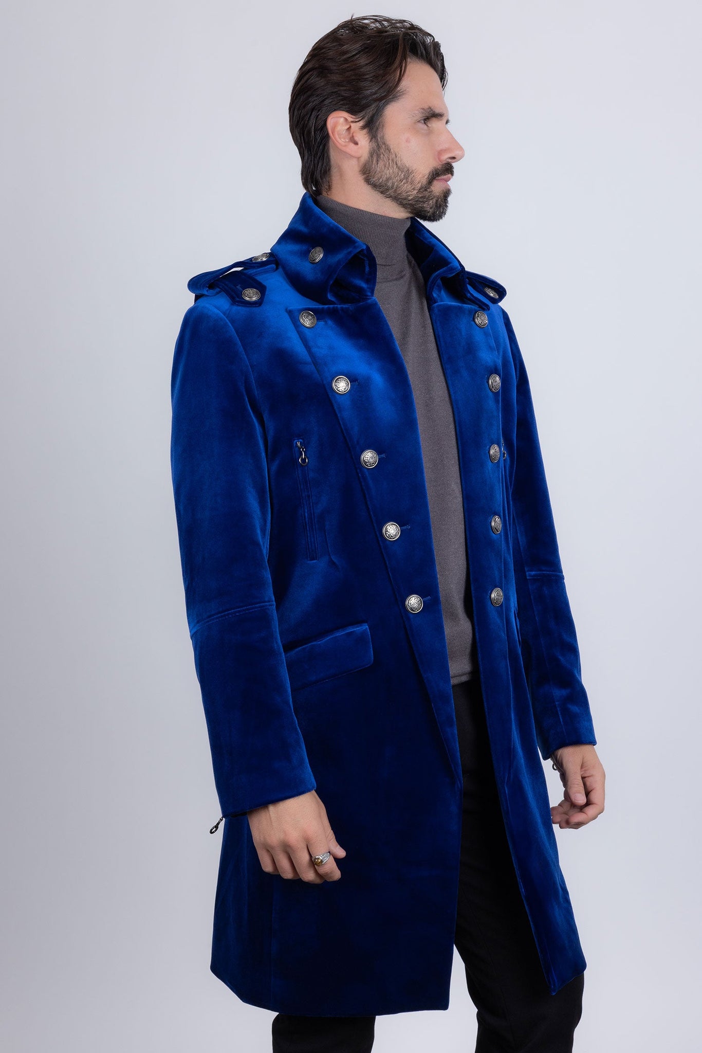 Barabas Wholesale Men's Solid Color Velvet Antique Buttons Long Blazer 5LBL01 Navy